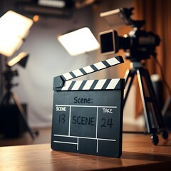 촬영 현장에 놓인 카메라와 영화슬레이트Camera and movie slate on the set