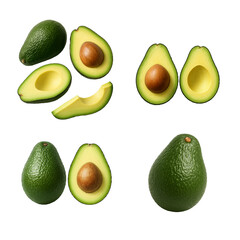 set of avocado fruits, isolated white background