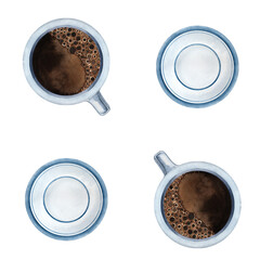 Coffee watercolor seamless pattern with cups of black coffee in white porcelain cup with white plate with blue border for kitchen, menu, cafe design, decor
