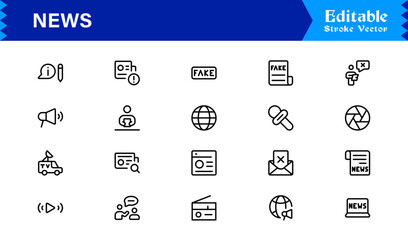 News journalism headline spotlight icons line icon set, professional modern minimal outline collection of media press report symbols vector graphics