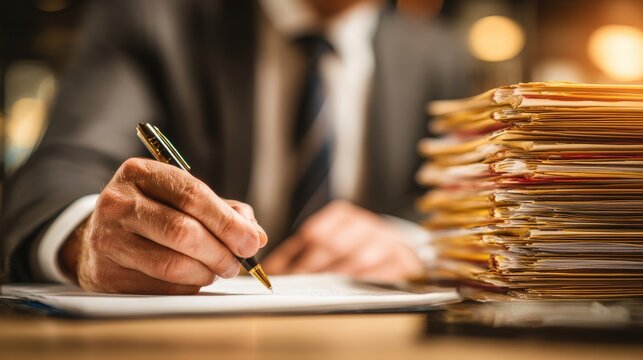 Business consultant organizing regulatory documents for global tax strategy session