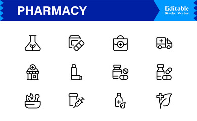 Pharmacy Icon Set in Vector Style Featuring Medicine, Pills, Prescription, Health, and Medical Tools for Healthcare