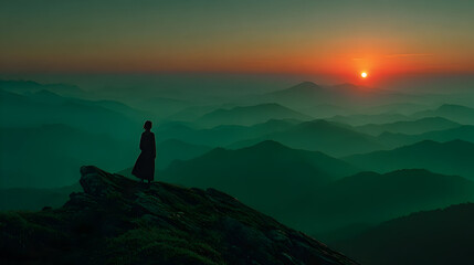Silhouette of Person at Sunrise Over Misty Mountains