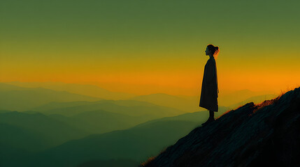 Silhouette of Woman on Mountaintop at Sunset