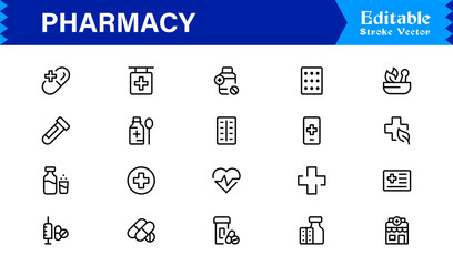 Pharmacy Icon Set in Vector Style Featuring Medicine, Pills, Prescription, Health, and Medical Tools for Healthcare