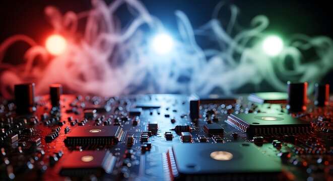 Intricate Circuitry Glows Underneath a Haze of Colorful Vapor, Creating a Dramatic and Technologically Advanced Atmosphere