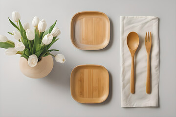 Elegant Table Setting with Tulips, Wooden Plates, and Wooden Cutlery
