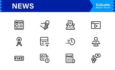 News journalism headline spotlight icons line icon set, professional modern minimal outline collection of media press report symbols vector graphics