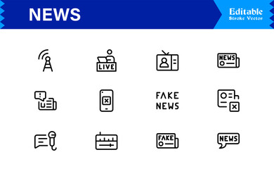 News journalism headline spotlight icons line icon set, professional modern minimal outline collection of media press report symbols vector graphics