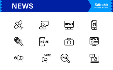 News journalism headline spotlight icons line icon set, professional modern minimal outline collection of media press report symbols vector graphics