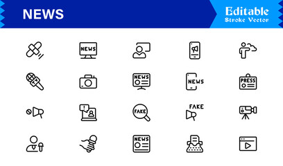 News journalism headline spotlight icons line icon set, professional modern minimal outline collection of media press report symbols vector graphics