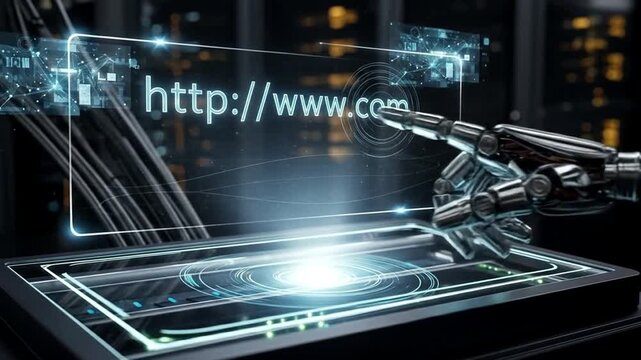 Robot Hand Interacting with Futuristic Digital Interface Displaying Web Address