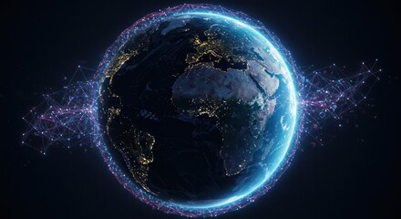 Digital Earth Globe with Network Connections Illuminated in Dark Background