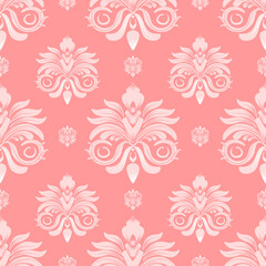 Damask seamless pattern with pink flowers, vintage design, vector illustration elegant for textile, wall paper, bedding, curtains, cushion cover, upholstery fabric, rug, scarf, fashion, decoration