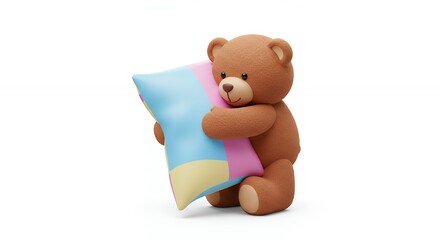 Teddy bear holding colorful pillow