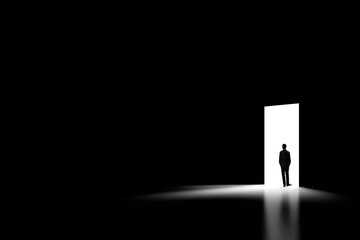 Silhouette of person walking toward a bright doorway