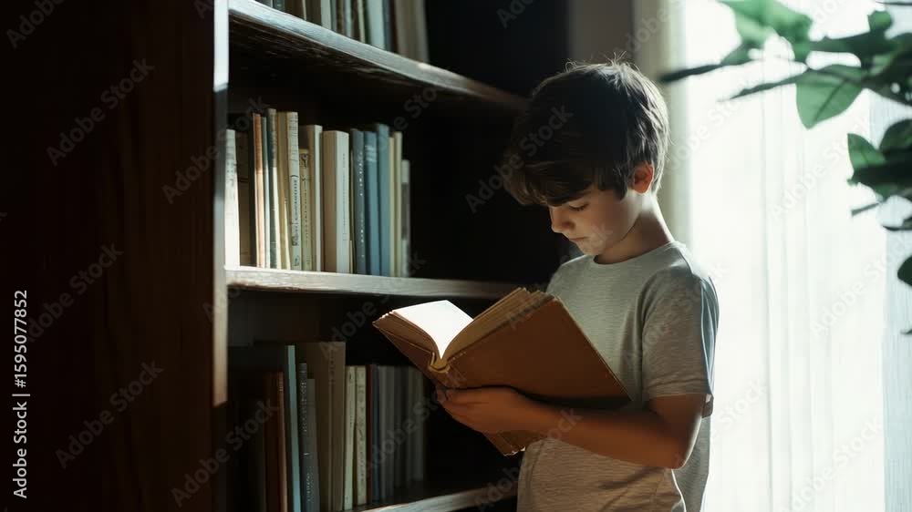 Poster young pupil is engrossed in reading a book, standing by a bookshelf filled with various books, showi