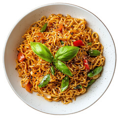 Delicious Stir-Fried Noodles with Fresh Vegetables and Basil in a White Bowl on transparent background