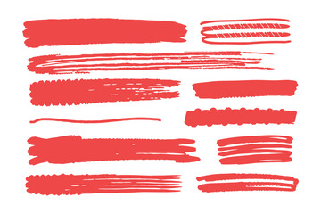 Collection of red hand drawn brush strokes and lines on a white background conveying artistic and design elements for highlighting text or creating emphasis vector illustration