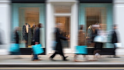 Blurred pedestrians in a city street, passing retail shops