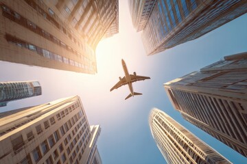 Airplane soaring over skyscrapers