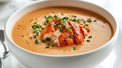 Creamy Lobster Bisque Soup Topped with Lobster Meat and Chives