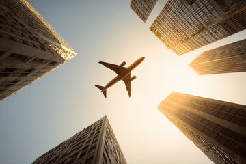 Airplane soaring over skyscrapers (1)