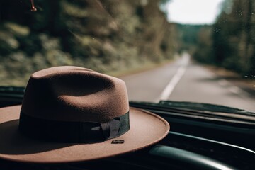 A light brown fedora rests atop a car dashboard, facing the road ahead