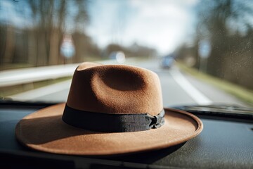 A brown hat rests on a car dashboard, with a view of a road through the windshield