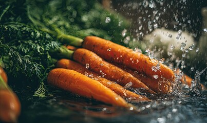 Fresh carrots being showered with water