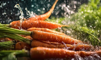 Fresh carrots in water splashes
