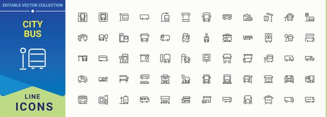 City Bus line icon set. Minimalist vector collections. Art and illustration. Vehicle linear icon collection. Contains such icons as transportation, transport, car, shuttle and more.