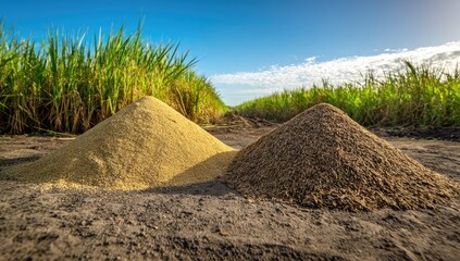 Two piles of light and dark colored soil in a field under a clear blue sky