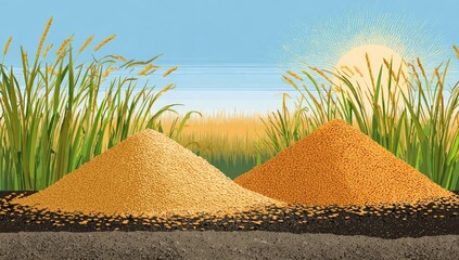Two piles of grain against a backdrop of rice stalks