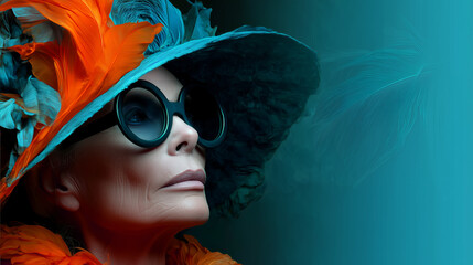 Elegant woman in vibrant feathered hat and sunglasses poses against a blue backdrop during a fashion event