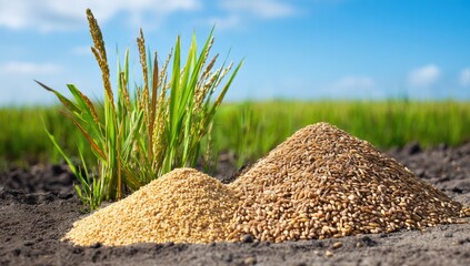 Piles of grain in a field
