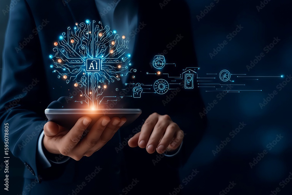 Poster futuristic digital brain emerging from a smartphone symbolizing artificial intelligence and technolo