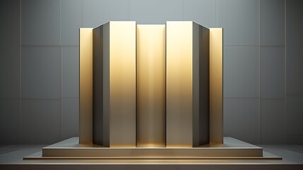 Symmetrical minimalist high-rise with metallic cladding, placed on a matte olive gray background, sharp vertical lines, architectural balance .