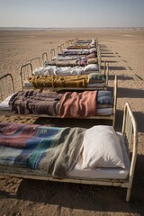 Rows of abandoned beds in a deserted landscape under a clear sky during the day indiccating abandonment or a looming catastrophe