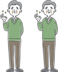 OKサインをするシニア男性　全身　ベクター
