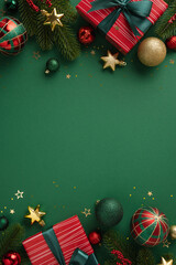 Celebratory Christmas backdrop featuring red and gold ornaments, gifts, and greenery arranged...