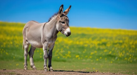 Adorable Young Donkey Standing in a Sunny Field with Yellow Flowers