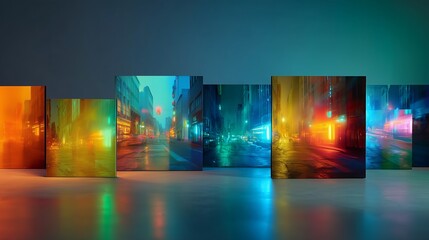 Cityscape reflections create a vibrant atmosphere in urban art installation at nighttime