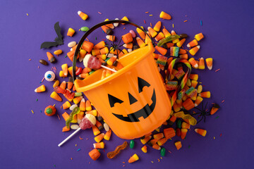 Assorted Halloween candies spilling from a jack o'lantern bucket, surrounded by festive decorations...