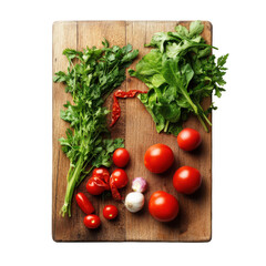 Fresh Vegetables on Wooden Cutting Board: Tomatoes, Herbs, and Greens for Healthy Cooking on transparent background
