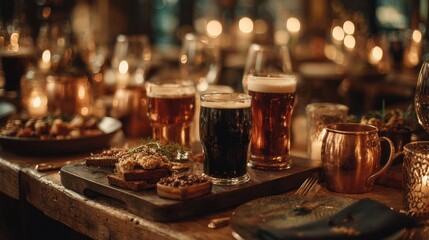 Artisan spelt beer tasting in candlelit tavern with copper vessels

