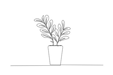 Potted houseplant flowers in continuous one line drawing. Single line art illustration of flower in pot.