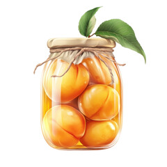 Jar of Preserved Apricots with Fresh Leaves, Bright and Inviting Home Canning Style on transparent background