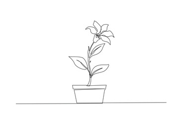 Potted houseplant flowers in continuous one line drawing. Single line art illustration of flower in pot.
