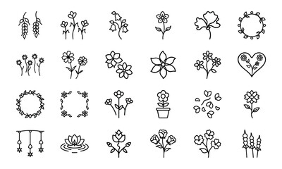 Elegant Flower Icon Collection Featuring Blossoms, Bouquets, Wreaths, Potted Plants, Petals, And Decorative Floral Elements In S (3)